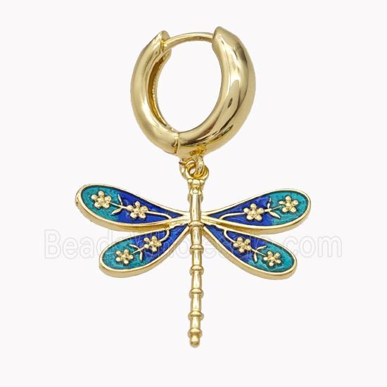 Copper Hoop Earrings With Dragonfly Green Blue Enamel Gold Plated