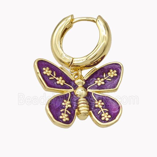 Copper Hoop Earrings With Butterfly Purple Enamel Gold Plated