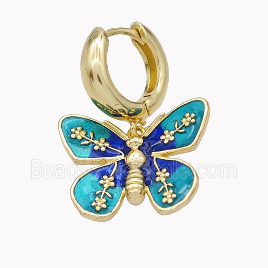 Copper Hoop Earrings With Butterfly Teal Enamel Gold Plated