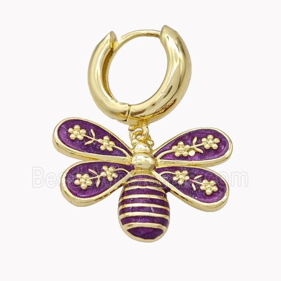 Copper Hoop Earrings With Honeybee Purple Enamel Gold Plated