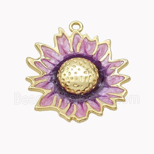 Copper Sunflower Pendant Purple Enamel Gold Plated