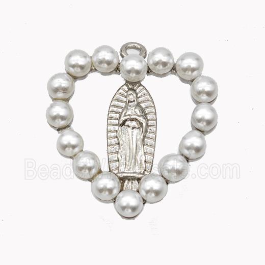 Virgin Mary Charms Copper Heart Pendant Pave Pearlized Resin Platinum Plated