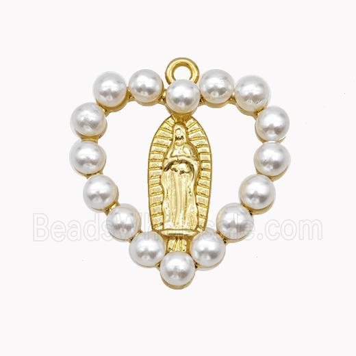 Virgin Mary Charms Copper Heart Pendant Pave Pearlized Resin Gold Plated