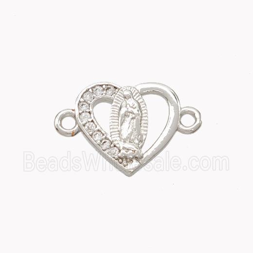 Virgin Mary Charms Copper Heart Connector Pave Zirconia Platinum Plated
