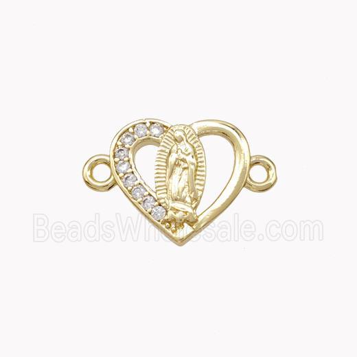 Virgin Mary Charms Copper Heart Connector Pave Zirconia Gold Plated