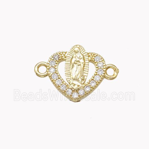 Virgin Mary Charms Copper Heart Connector Pave Zirconia Gold Plated
