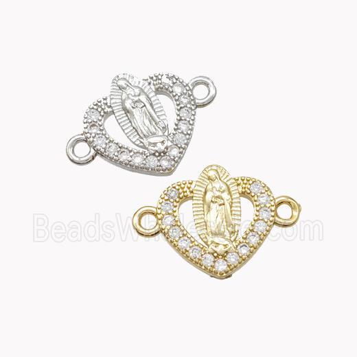 Virgin Mary Charms Copper Heart Connector Pave Zirconia Mixed
