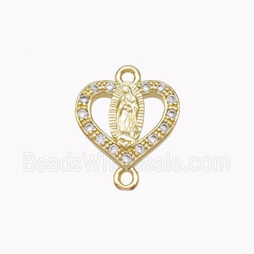 Virgin Mary Charms Copper Heart Connector Pave Zirconia Gold Plated