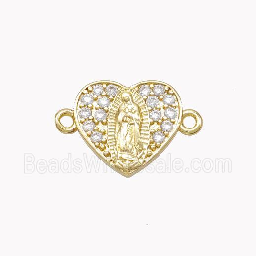 Virgin Mary Charms Copper Heart Connector Pave Zirconia Gold Plated