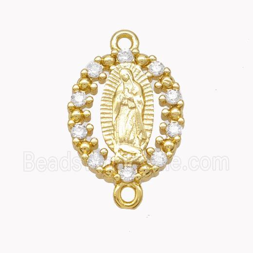 Virgin Mary Charms Copper Oval Connector Pave Zirconia Gold Plated