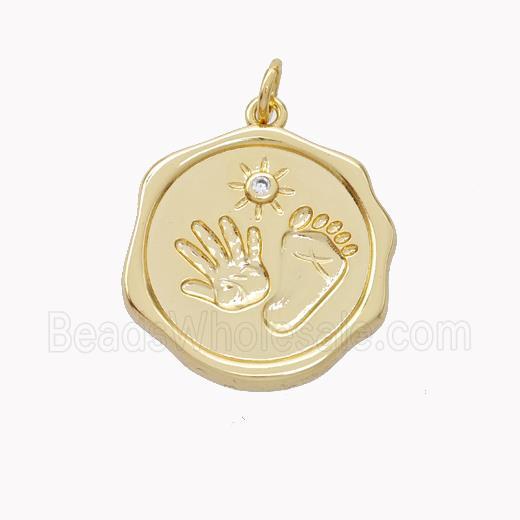 Copper Hand Footprint Pendant Pave Zirconia Circle Gold Plated