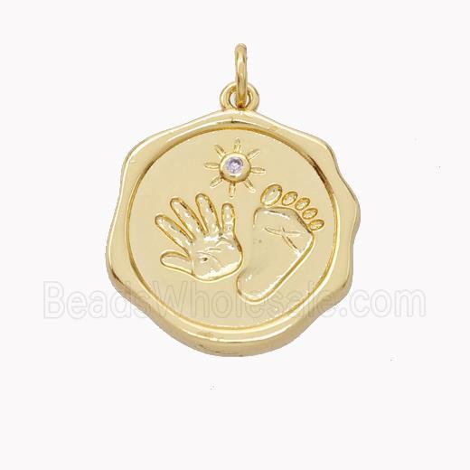 Copper Hand Footprint Pendant Pave Zirconia Circle Gold Plated