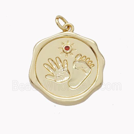 Copper Hand Footprint Pendant Pave Zirconia Circle Gold Plated