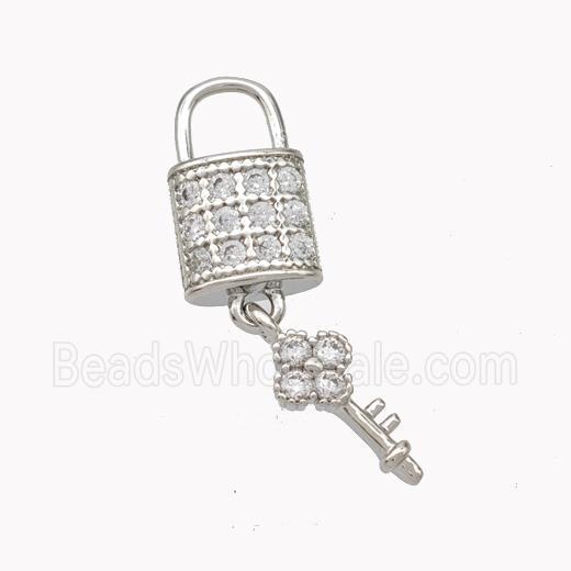 Copper Lock Key Pendant Pave Zirconia Platinum Plated