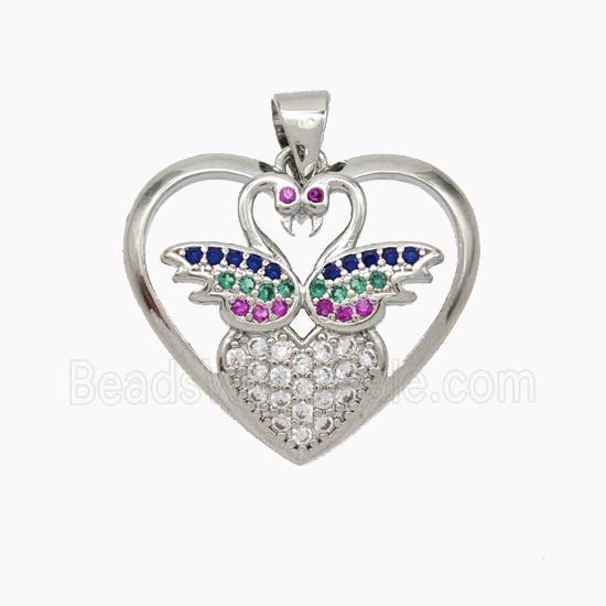 Copper Swan Pendant Micropave Zirconia Heart Platinum Plated