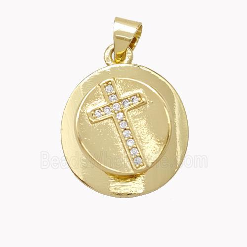 Copper Cross Pendant Pave Zirconia Circle Gold Plated