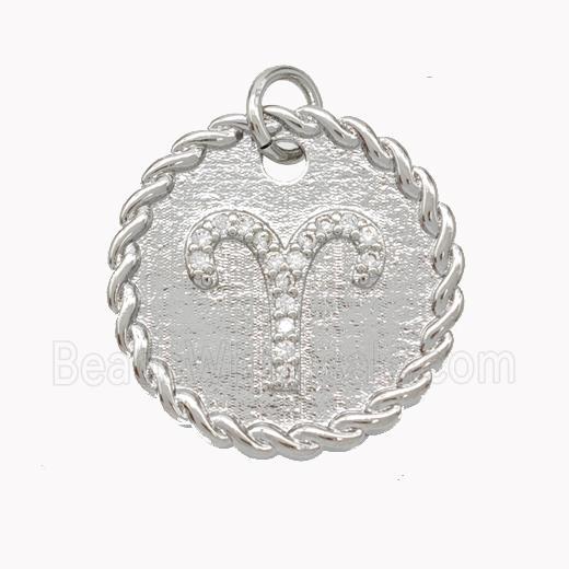 Sign Of Aries Copper Circle Pendant Pave Zirconia Zodiac Platinum Plated