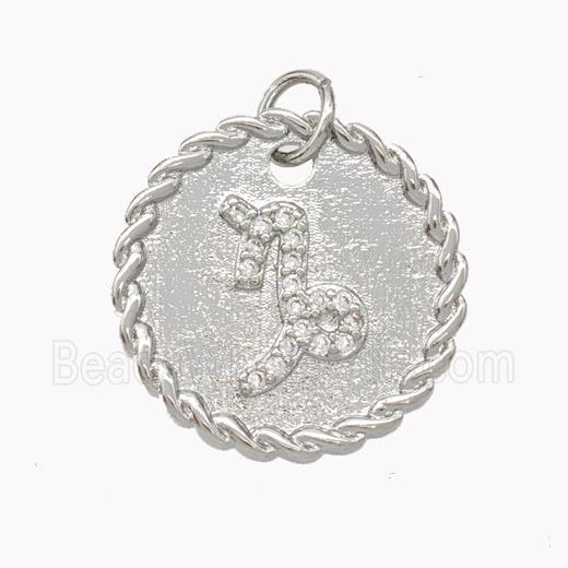 Sign Of Capricorn Copper Circle Pendant Pave Zirconia Zodiac Platinum Plated