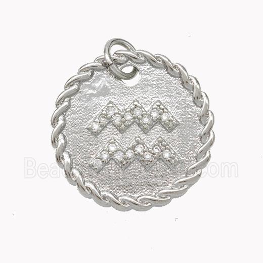 Sign Of Aquarius Copper Circle Pendant Pave Zirconia Zodiac Platinum Plated