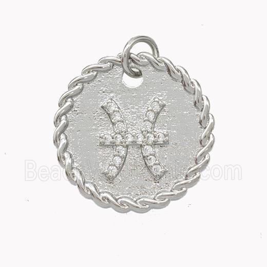 Sign Of Pisces Copper Circle Pendant Pave Zirconia Zodiac Platinum Plated