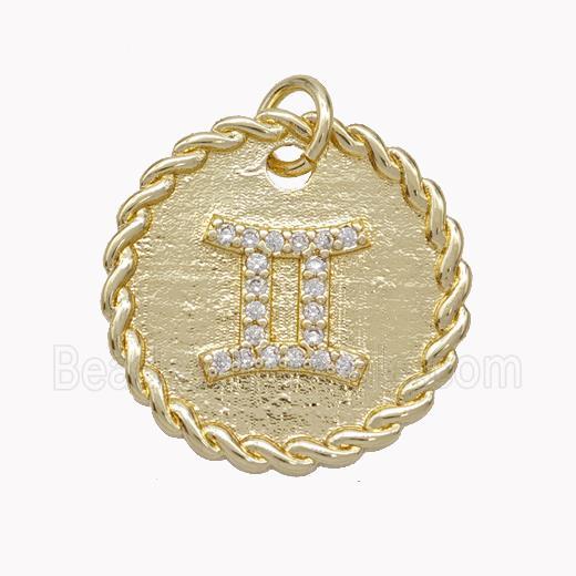 Sign Of Gemini Copper Circle Pendant Pave Zirconia Zodiac Gold Plated