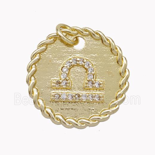 Sign Of Libra Copper Circle Pendant Pave Zirconia Zodiac Gold Plated