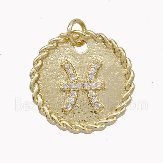 Sign Of Pisces Copper Circle Pendant Pave Zirconia Zodiac Gold Plated