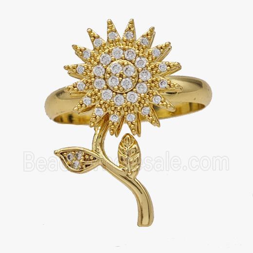 Copper Flower Rings Pave Zirconia Rotatable Adjustable Gold Plated