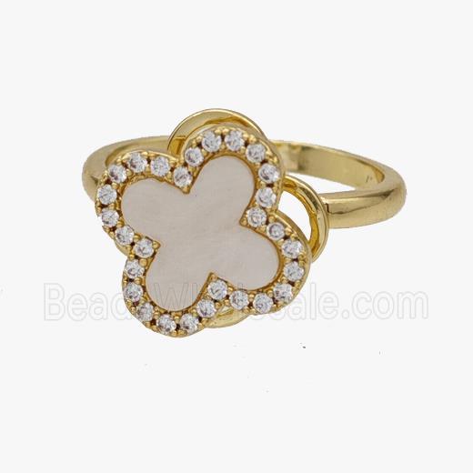 Copper Clover Rings Pave Zirconia Shell Rotatable Adjustable Gold Plated