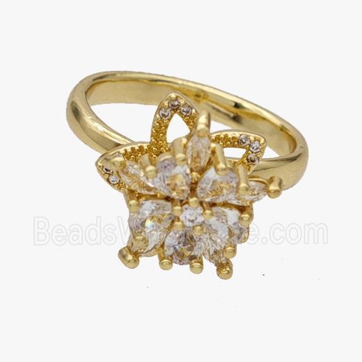 Copper Flower Rings Pave Zirconia Rotatable Adjustable Gold Plated