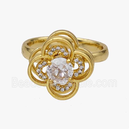 Copper Flower Rings Pave Zirconia Rotatable Adjustable Gold Plated