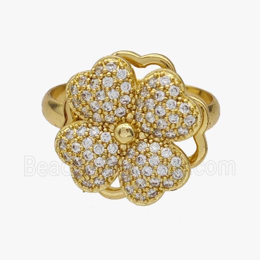Copper Clover Rings Pave Zirconia Rotatable Adjustable Gold Plated