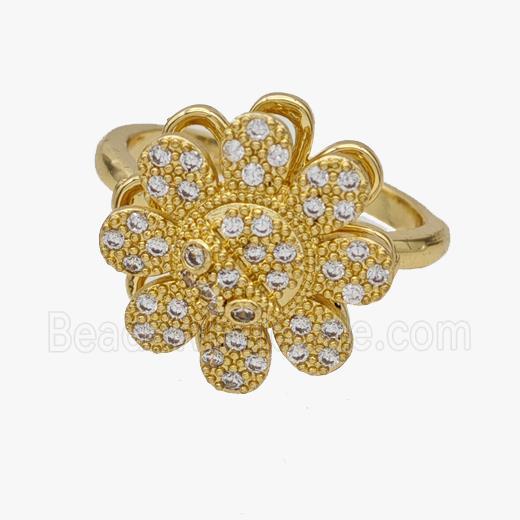 Copper Flower Rings Pave Zirconia Rotatable Adjustable Gold Plated