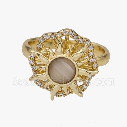 Copper Sun Rings Pave Cateye Glass Zirconia Rotatable Adjustable Gold Plated