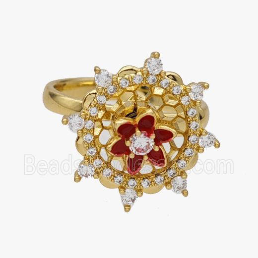 Copper Flower Rings Pave Zirconia Rotatable Adjustable Gold Plated