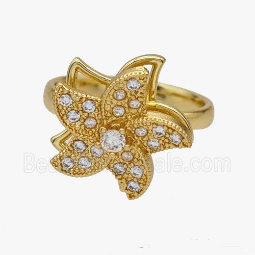 Copper Starfish Rings Pave Zirconia Rotatable Adjustable Gold Plated