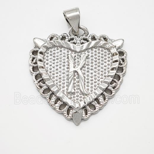 Copper Heart Pendant Letter-K Platinum Plated