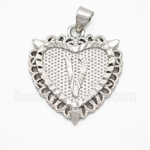 Copper Heart Pendant Letter-V Platinum Plated