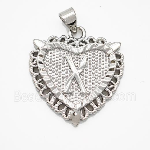 Copper Heart Pendant Letter-X Platinum Plated