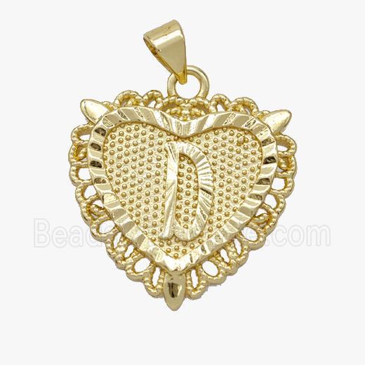 Copper Heart Pendant Letter-D Gold Plated