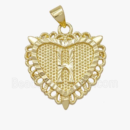 Copper Heart Pendant Letter-H Gold Plated
