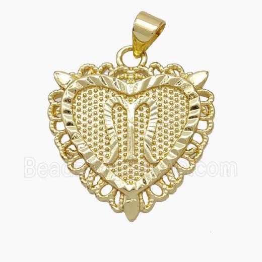 Copper Heart Pendant Letter-M Gold Plated