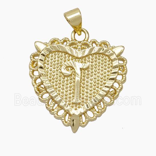Copper Heart Pendant Letter-T Gold Plated