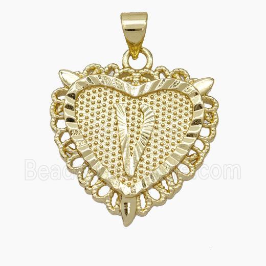 Copper Heart Pendant Letter-V Gold Plated