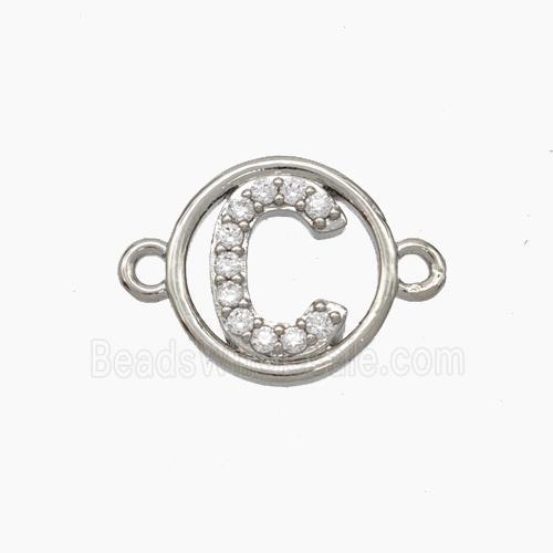 Copper Letter-C Connector Pave Zirconia Circle Platinum Plated