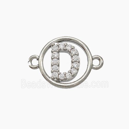 Copper Letter-D Connector Pave Zirconia Circle Platinum Plated