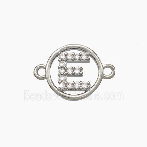 Copper Letter-E Connector Pave Zirconia Circle Platinum Plated