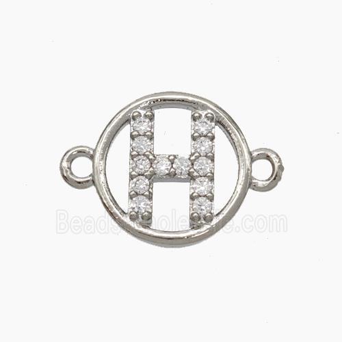 Copper Letter-H Connector Pave Zirconia Circle Platinum Plated