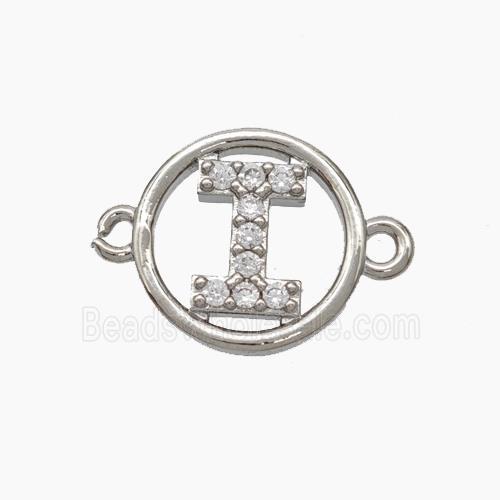 Copper Letter-I Connector Pave Zirconia Circle Platinum Plated
