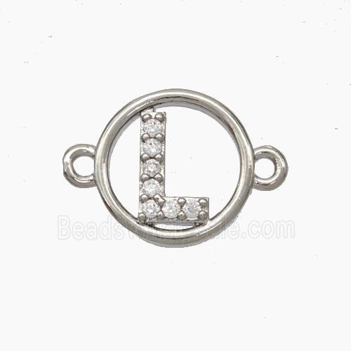 Copper Letter-L Connector Pave Zirconia Circle Platinum Plated